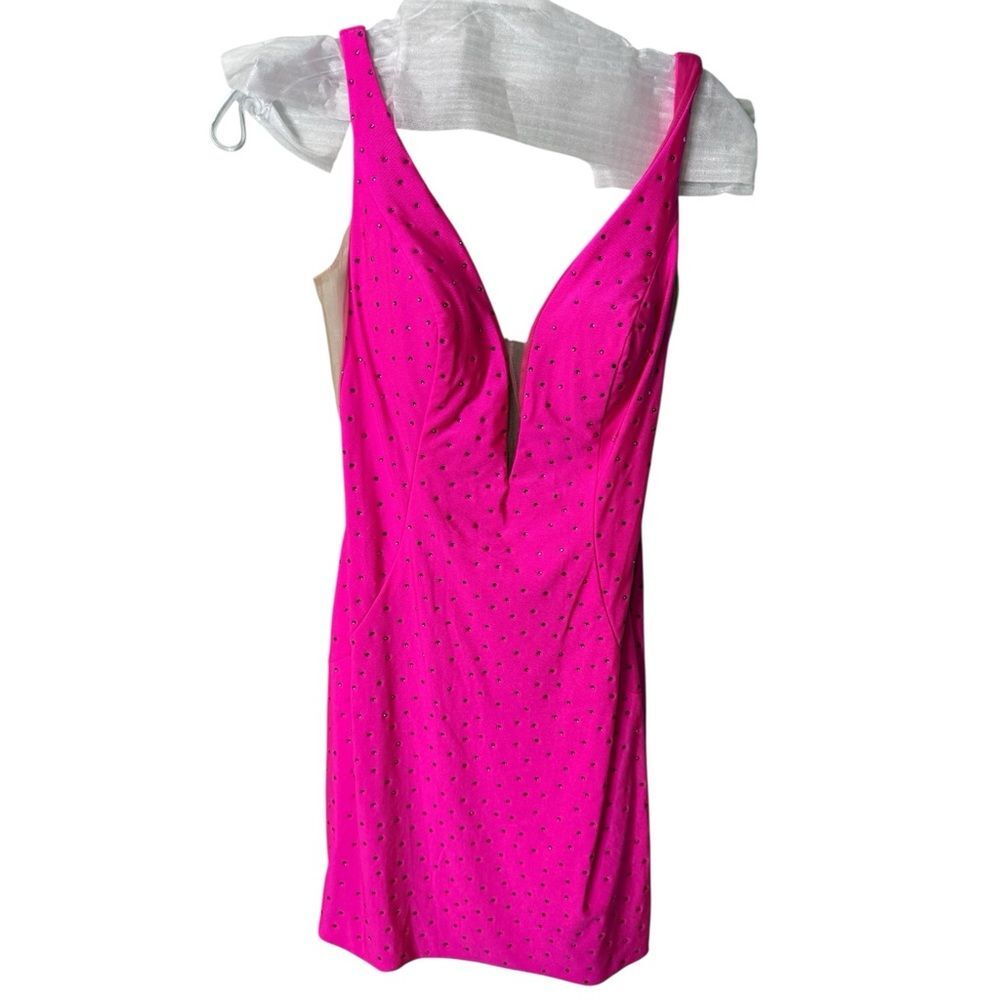 PromGirl Neon Pink Rhinestone V-Neck Mini Dress - Size 8
